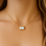 .27ct G SI 14K Yellow Gold Bezel Set Emerald Cut Diamond Pendant 18" Long