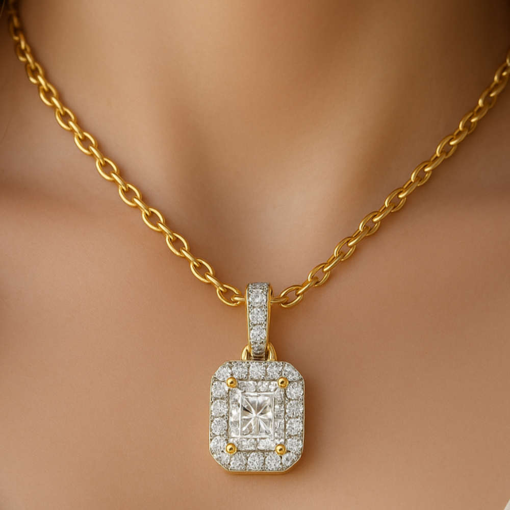 .49ct G SI 14K Yellow Gold  Radiant Cut Diamond Halo Solitiare Pendant 18" Long