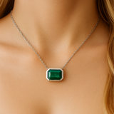.86ct G SI 14K White Gold Emerald Gemstone Bezel Set Pendant Necklace 18" Long Chain