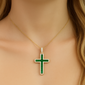 <span style="color:purple">SPECIAL!</span>1.09ct G SI 14K Yellow Gold Diamond & Emerald Gemstone Cross Pendant 18" Long