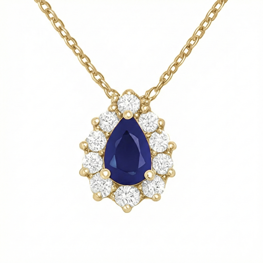 .98ct G SI 14kt Yellow Gold Diamond & Pear Shape Blue Sapphire Gemstone Pendant Necklace 18" Long