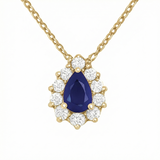 .98ct G SI 14kt Yellow Gold Diamond & Pear Shape Blue Sapphire Gemstone Pendant Necklace 18" Long