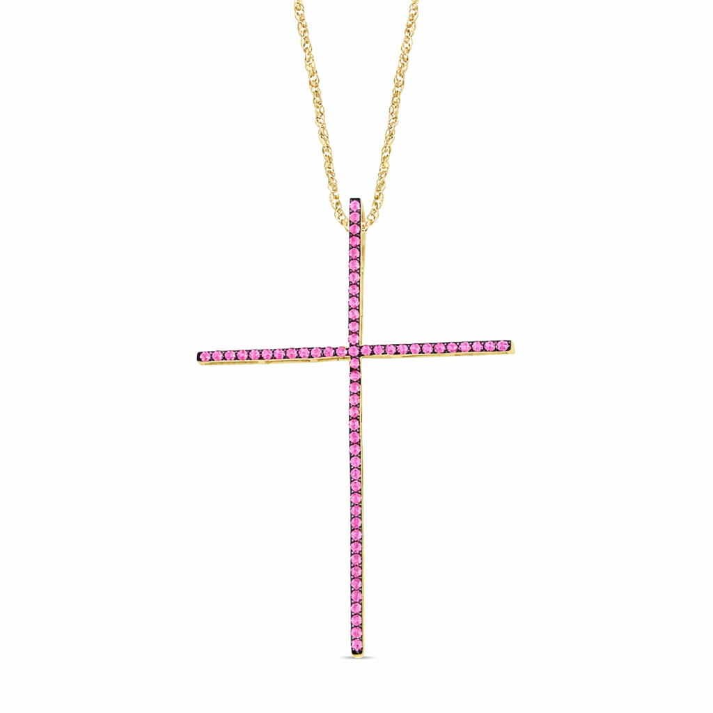 .43ct G SI 14K Yellow Gold Pink Sapphire Gemstones Cross Pendant Necklace 18" Long Chain