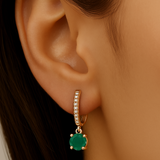 1.10ct G SI 14K Rose Gold Diamond & Emerald Gemstone Hoop Hughie Dangle Earrings
