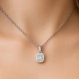 .39ct G SI 14K White Gold Emerald Cut Diamond Halo Solitaire Pendant 18" Long