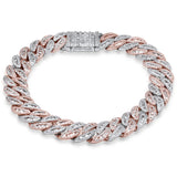9mm 3.75ct G SI 14K Two Tone White & Rose Gold Round & Baguette Iced Out Diamond Cuban Bracelet 8" Long