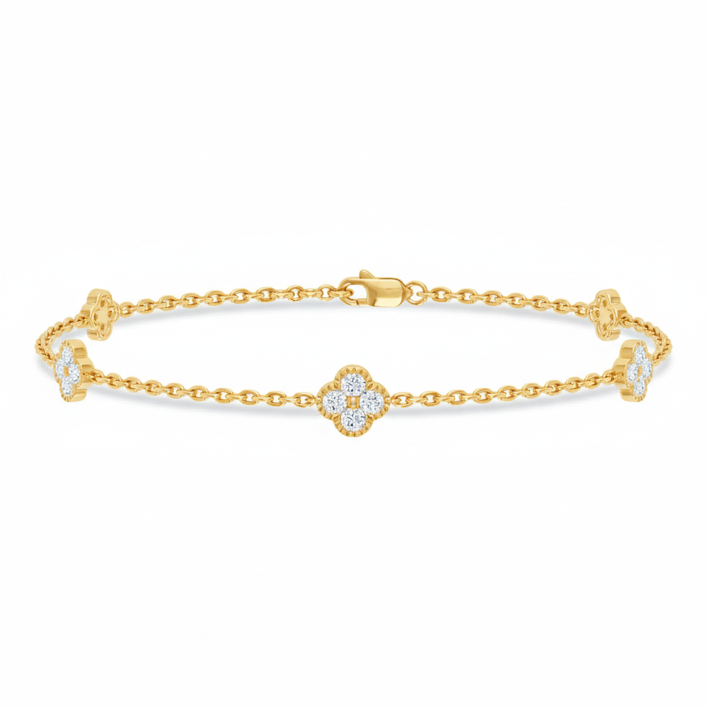 .45ct 14k Yellow Gold Diamond Flower Chain Bracelet 7"