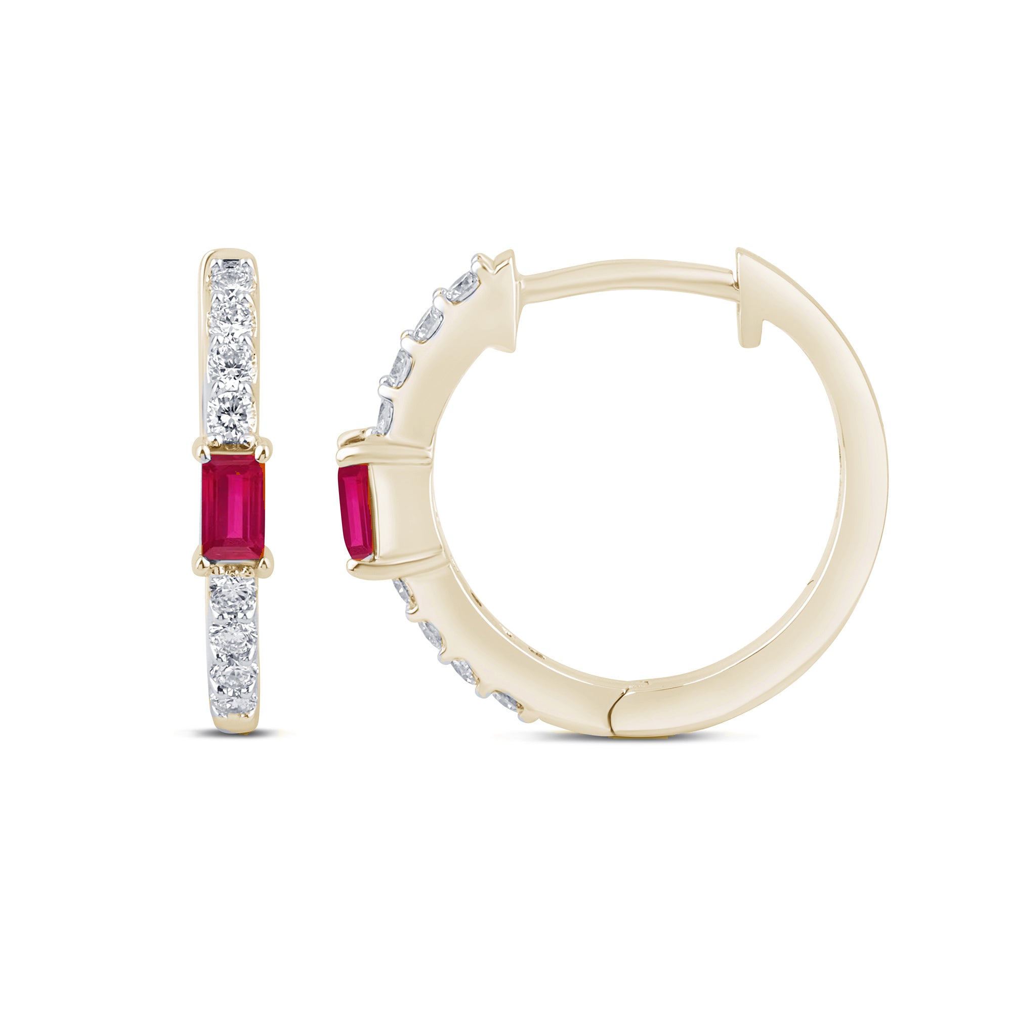 .49ct G SI 14K Yellow Gold Diamond & Baguette Ruby Gemstone Hoop Post & Click Earings