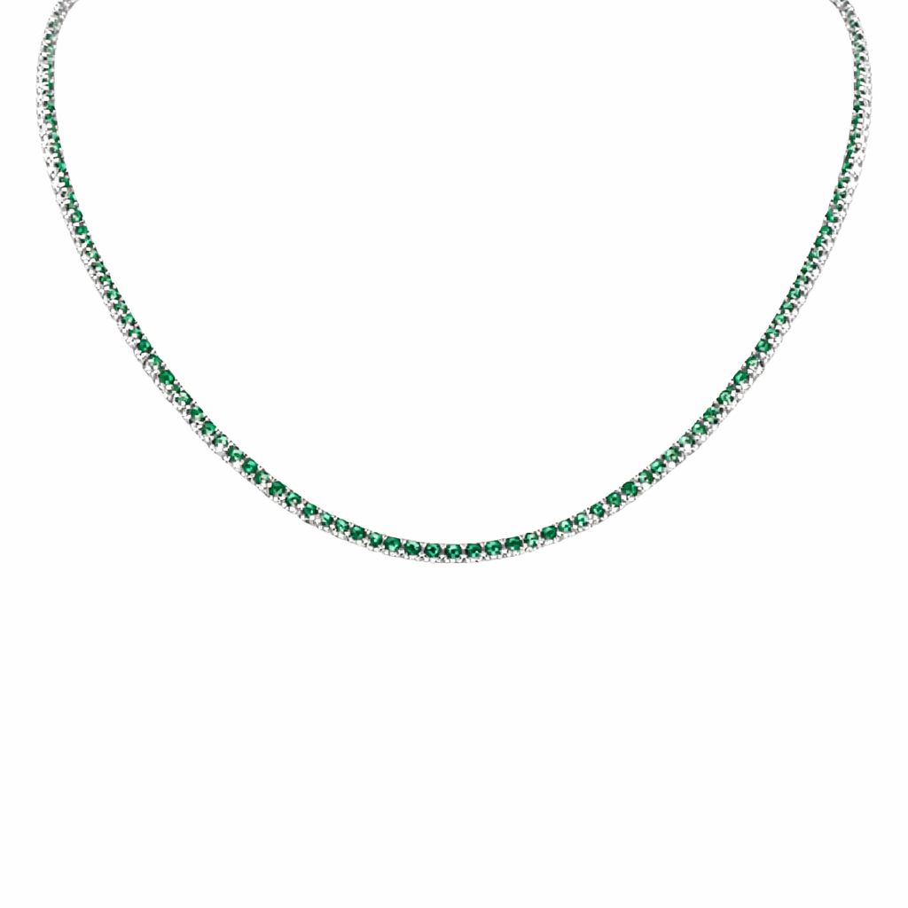 3.39ct G SI 14K White Gold Round Emerald Gemstone Tennis Necklace 12+4" Ext