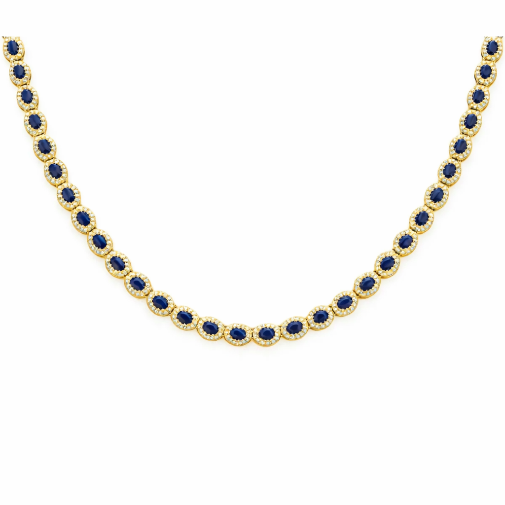 17.66ct G SI Yellow Gold Diamond & Blue Sapphire Gemstone Necklace 16" long