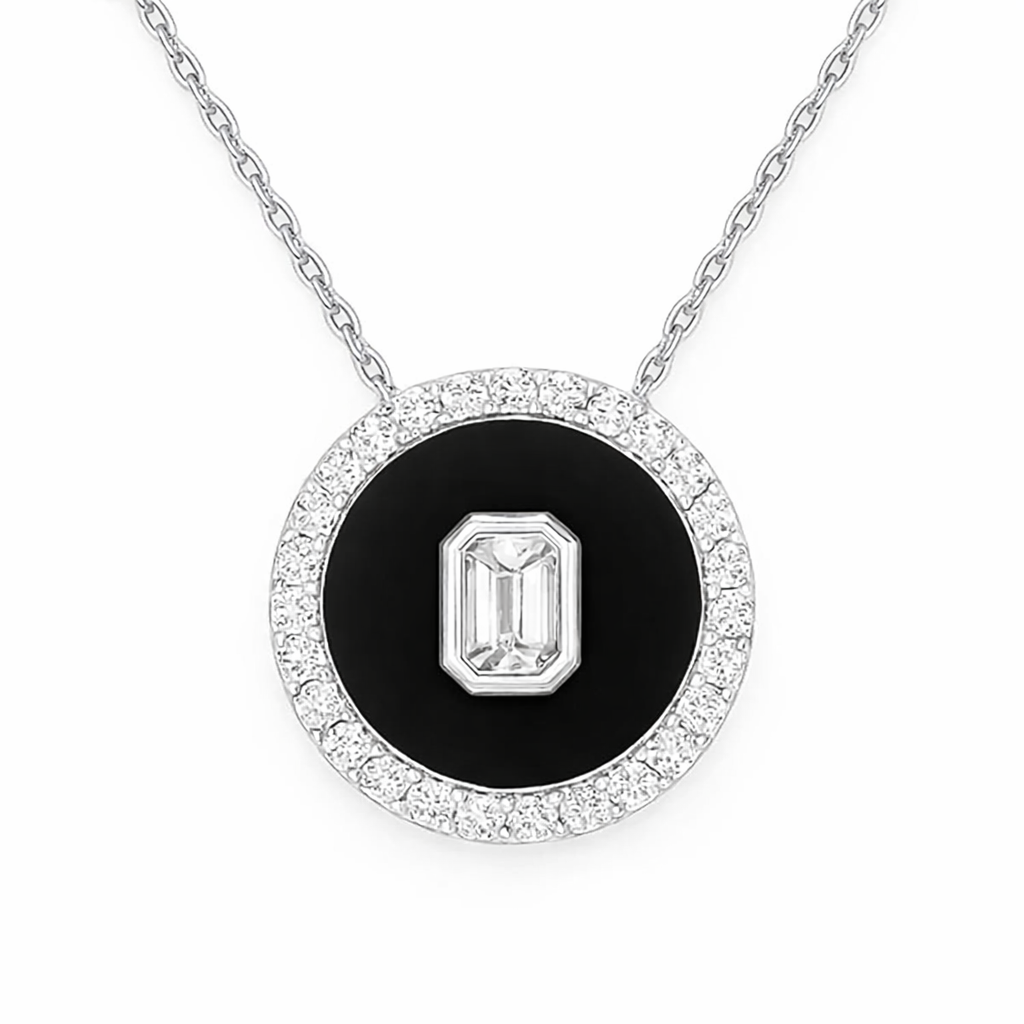 .32ct G SI 14kt White Gold Modern Diamond & Onyx Pendant Necklace 18" Long
