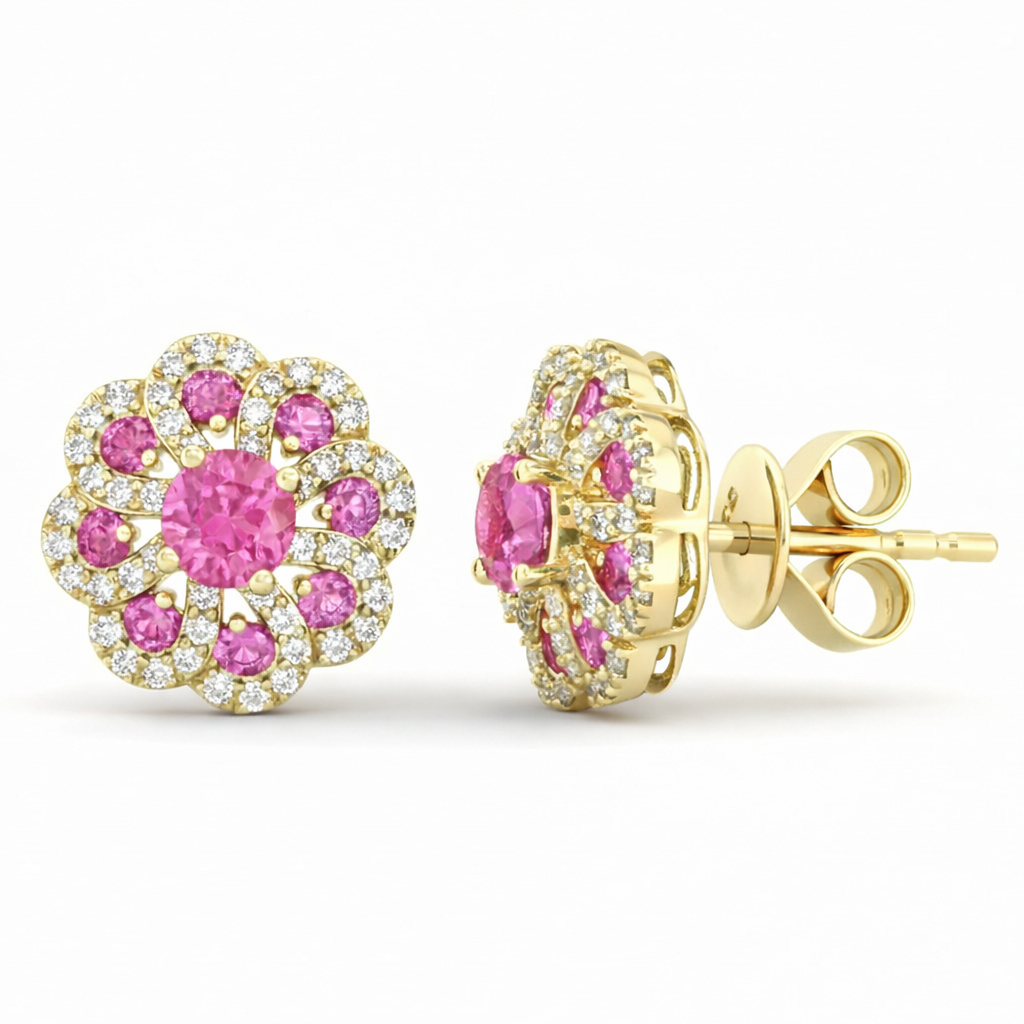 1.40ct G SI 14kt Yellow Gold Diamond & Pink Sapphire Gemstone Flower Earrings