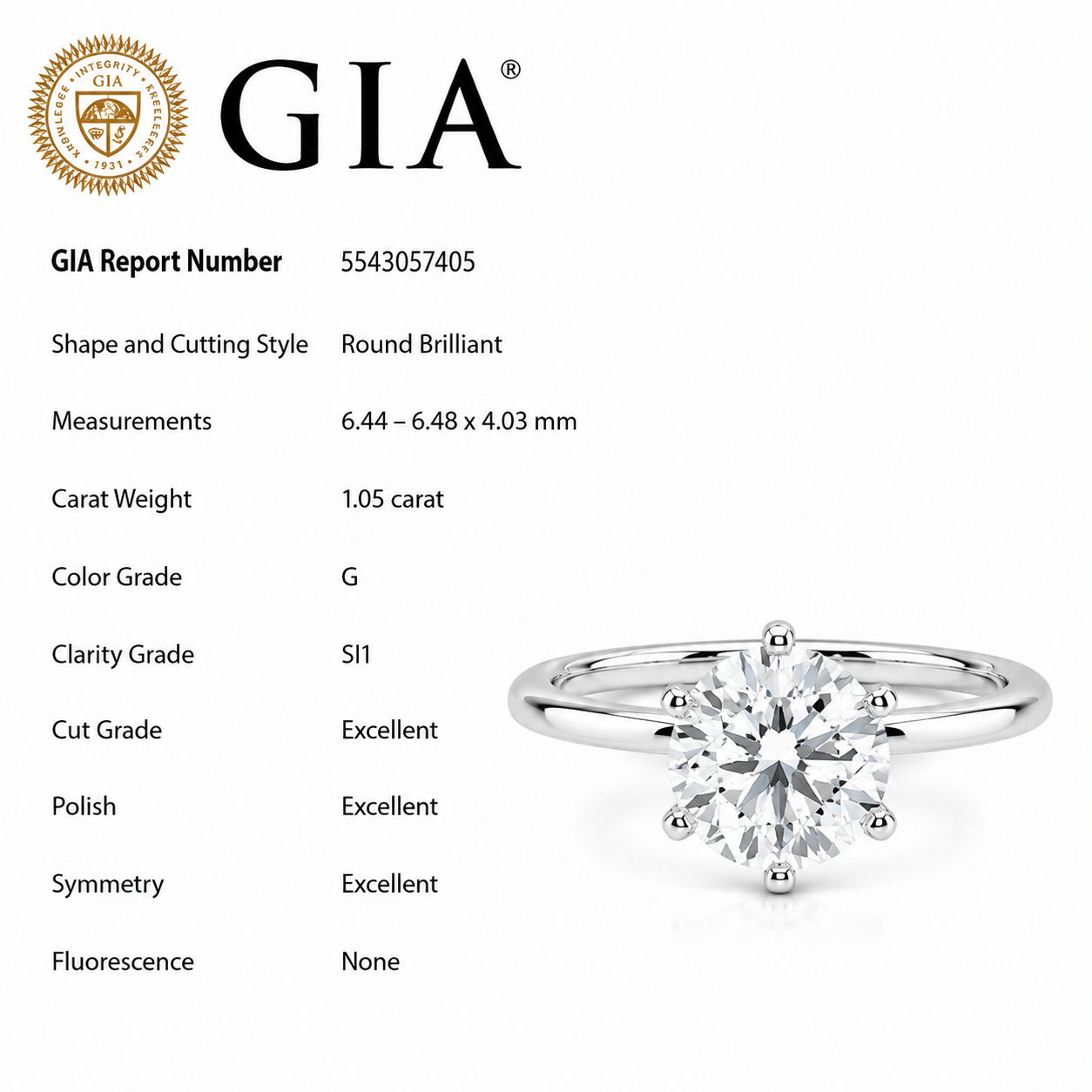 <span style="color:purple">SPECIAL!</span> 1.05ct G-SI1 GIA CERTIFIED 14K White Gold Round Diamond Eagle Claw Prongs Solitaire Ring Size 7