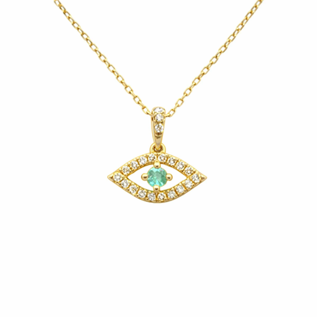 .38ct G SI 14K Yellow Gold Diamond & Emerald Gemstone Evil Eye Pendant 18" long Chain