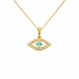.38ct G SI 14K Yellow Gold Diamond & Emerald Gemstone Evil Eye Pendant 18" long Chain
