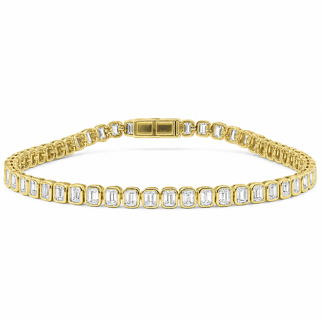 5.64ct G SI 14K Yellow Gold Emerald Cut Diamond Bezel Set Tennis Bracelet 7" Long