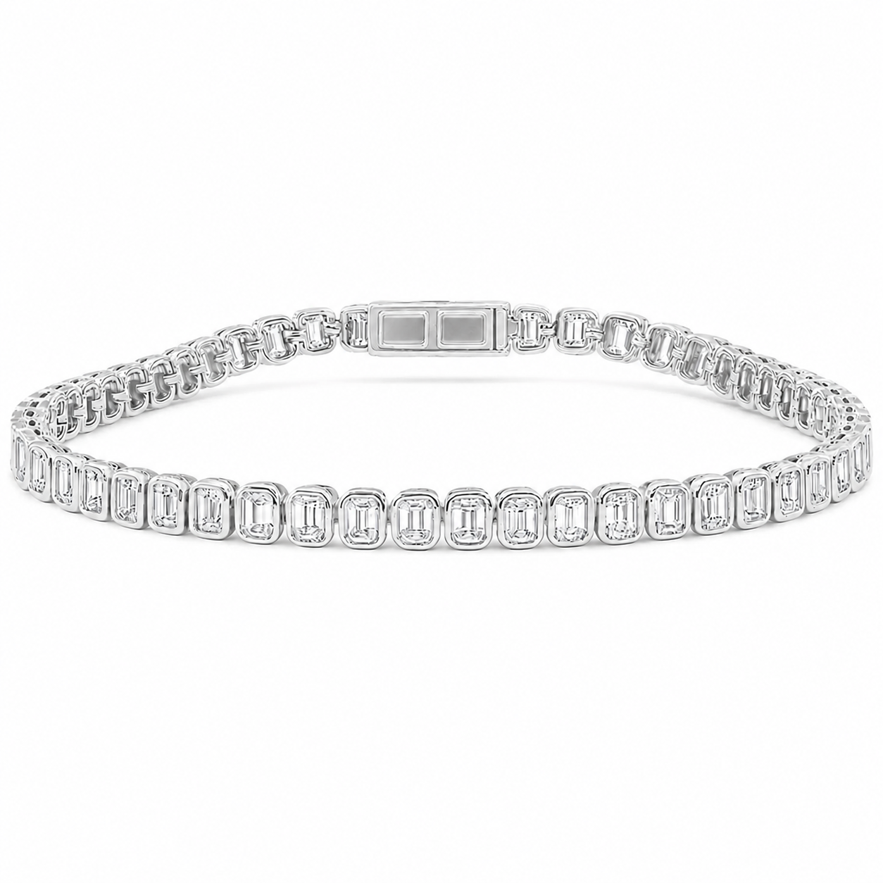 5.66ct G SI 14K White Gold Emerald Cut Diamond Bezel Set Tennis Bracelet 7" Long