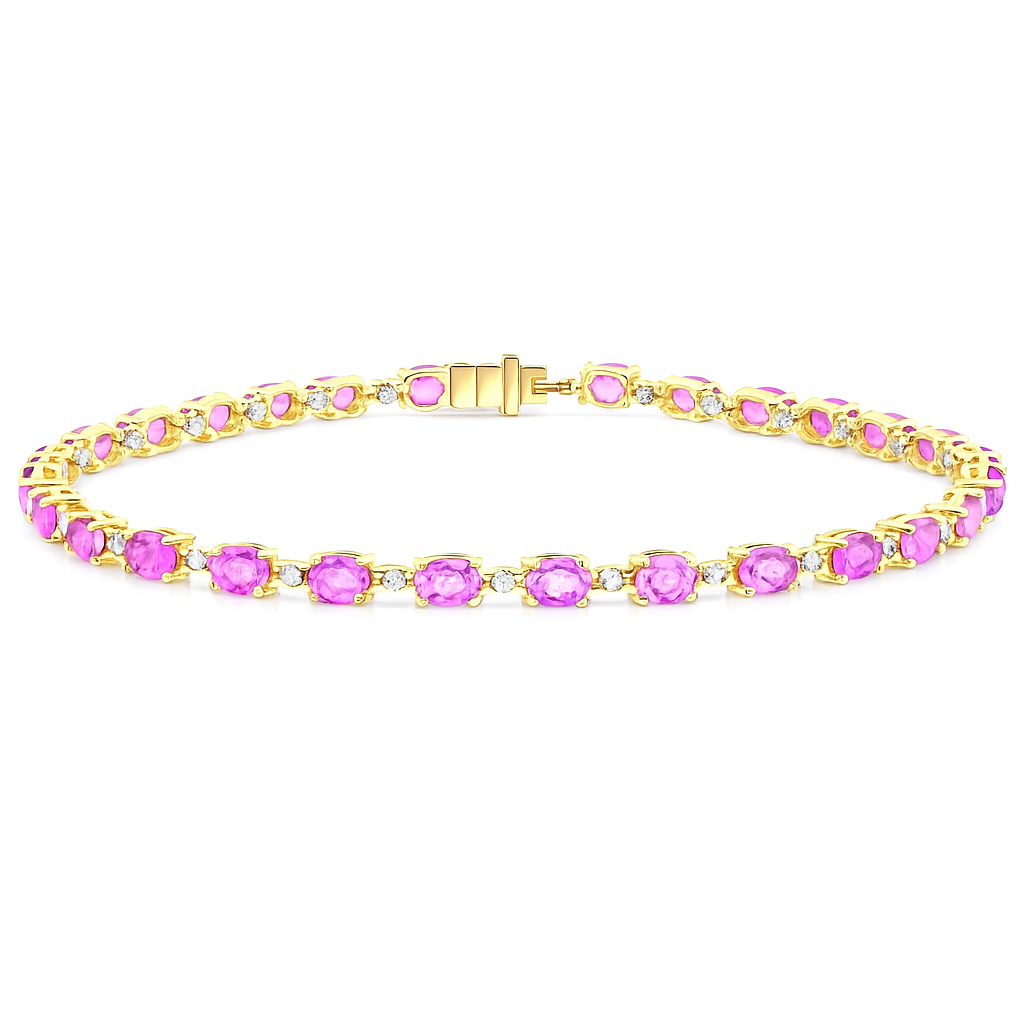 6.30ct G SI 14KT Yellow Gold Diamond & Pink Sapphire Gemstone Tennis Bracelet 8"