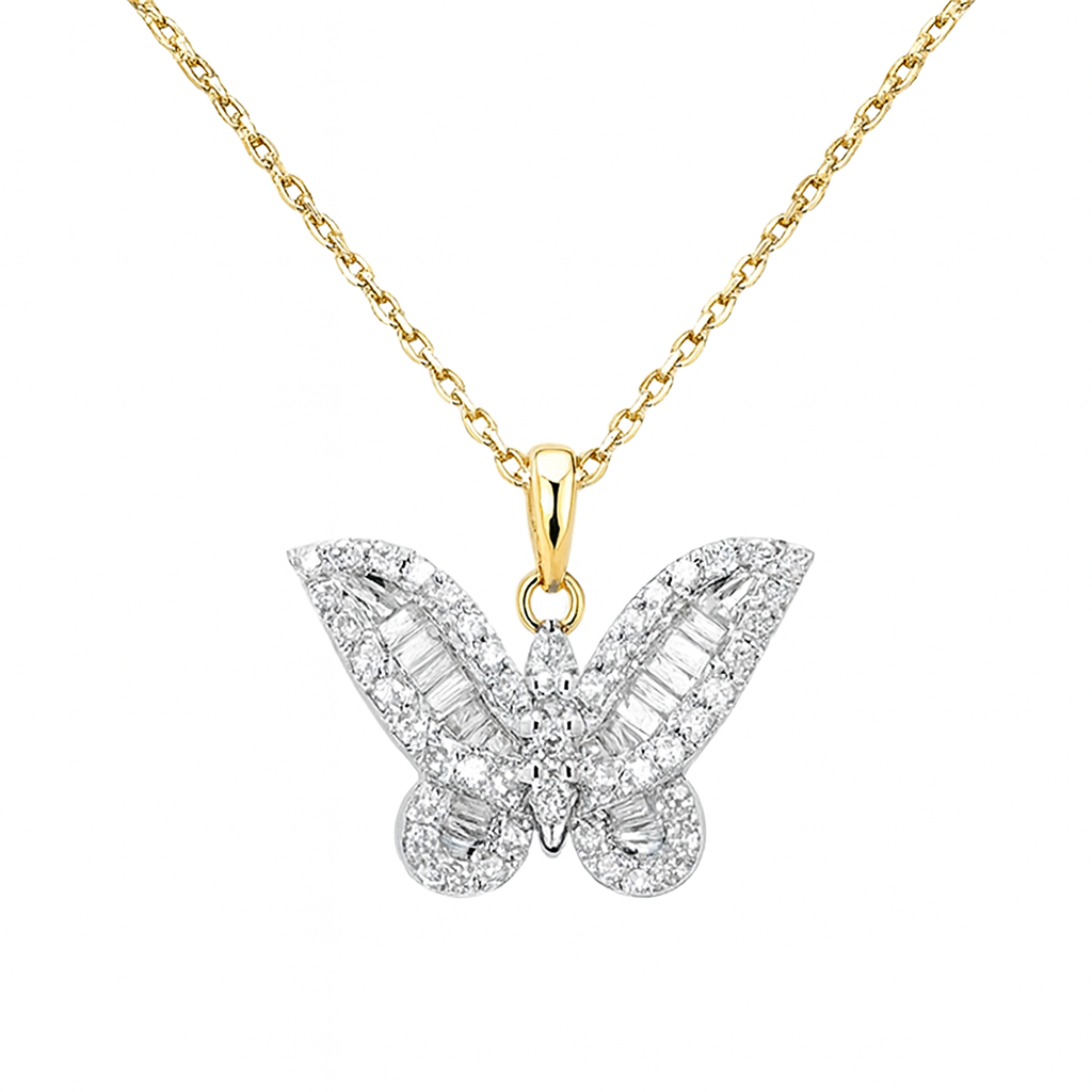 .43ct G SI 14K Yellow Gold Round & Baguette Diamond Butterfly Pendant Necklace 18" Long Chain