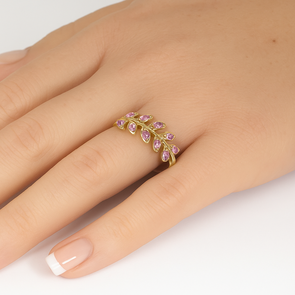 <span style="color:purple">¡ESPECIAL!</span>.41ct G SI Anillo de banda de estilo rama de olivo con zafiro rosa de oro amarillo de 14K, talla 6.5
