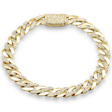 7mm 1.34ct G SI 14K Yellow Gold Round Diamond & Plain Cuban Bracelet 7" Long