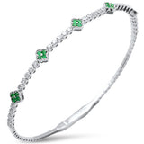 .86ct G SI 14K White Gold Diamond & Emerald Gemstone Clover Design Bangle Bracelet