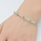 .86ct G SI 14K White Gold Diamond & Emerald Gemstone Clover Design Bangle Bracelet