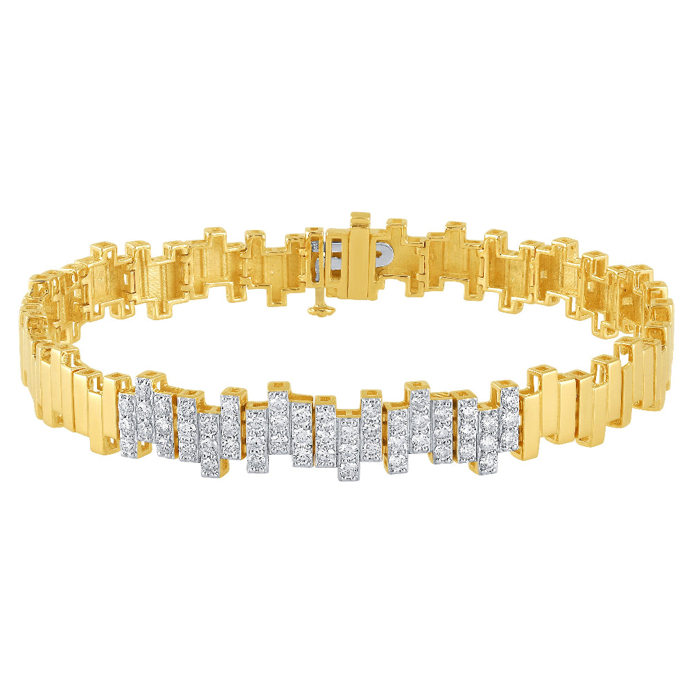 1.00ct G SI 14K Yellow Gold Diamond Modern  Zig Zag Bar Bracelet 7" Long