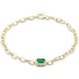 .73ct G SI 14K Yellow Gold Diamond & Emerald Gemstone PaperClip Bracelet 7" Long
