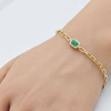 .73ct G SI 14K Yellow Gold Diamond & Emerald Gemstone PaperClip Bracelet 7" Long