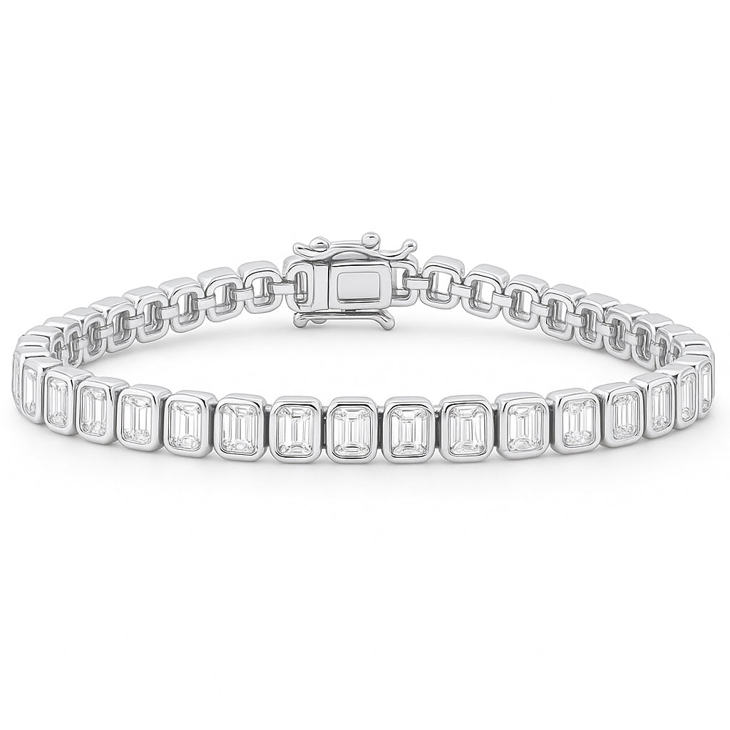 5.74ct G SI 14K White Gold Bezel Set Emerald Cut Diamond Tennis Bracelet 7" Long