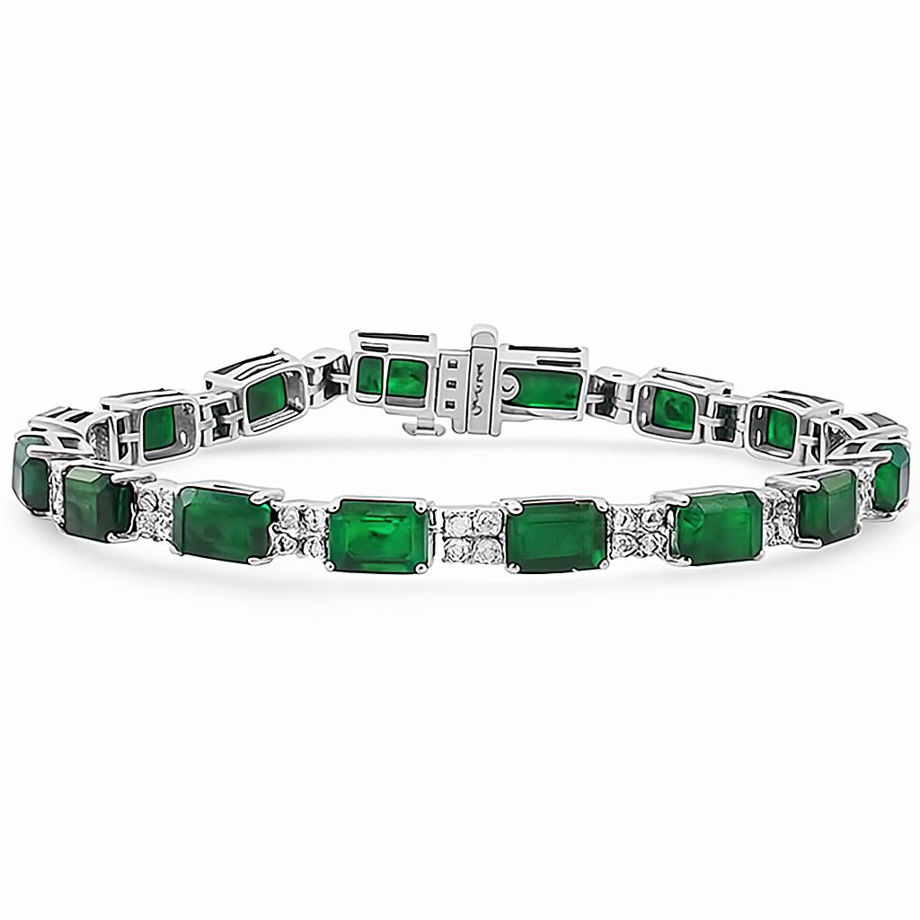 16.25ct G SI 14K White Gold Diamond & Emerald Gemstone Bracelet 7" Long