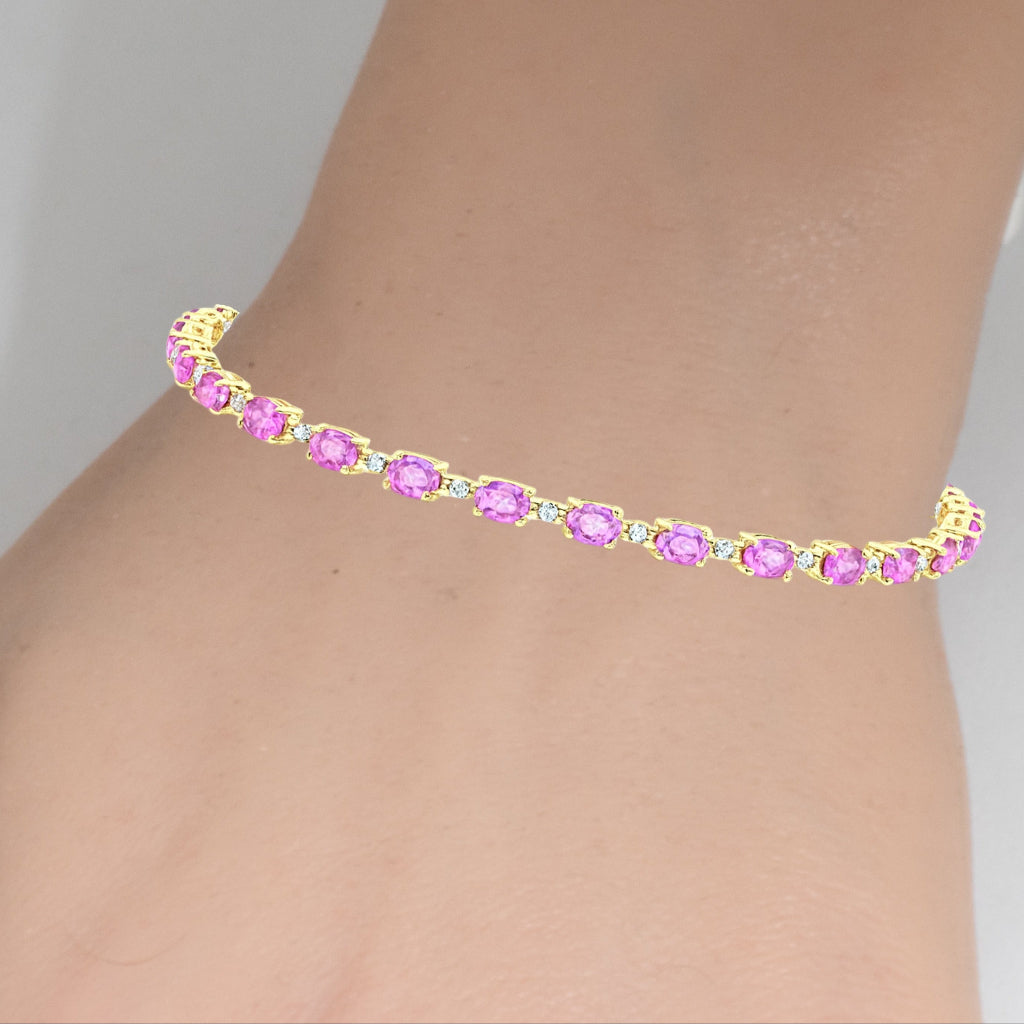 6.30ct G SI 14KT Yellow Gold Diamond & Pink Sapphire Gemstone Tennis Bracelet 8"