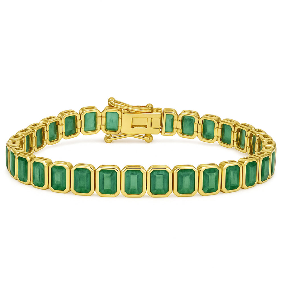 18.97ct 14kt Yellow Gold Natural Emerald Gemstone Bezel Set Bracelet 7" Long