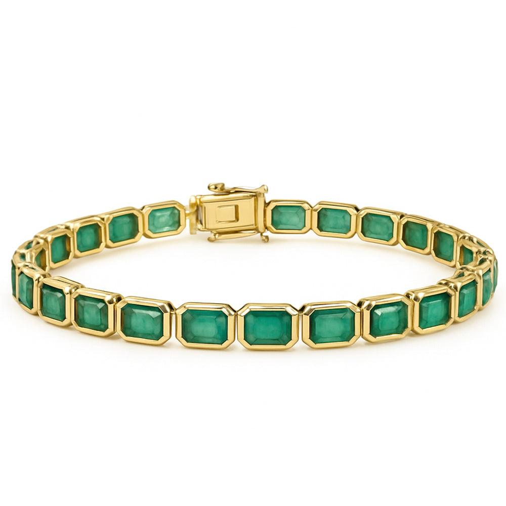 13.67ct 14kt Yellow Gold Natural Emerald Gemstone Bezel Set East West Bracelet 7" Long