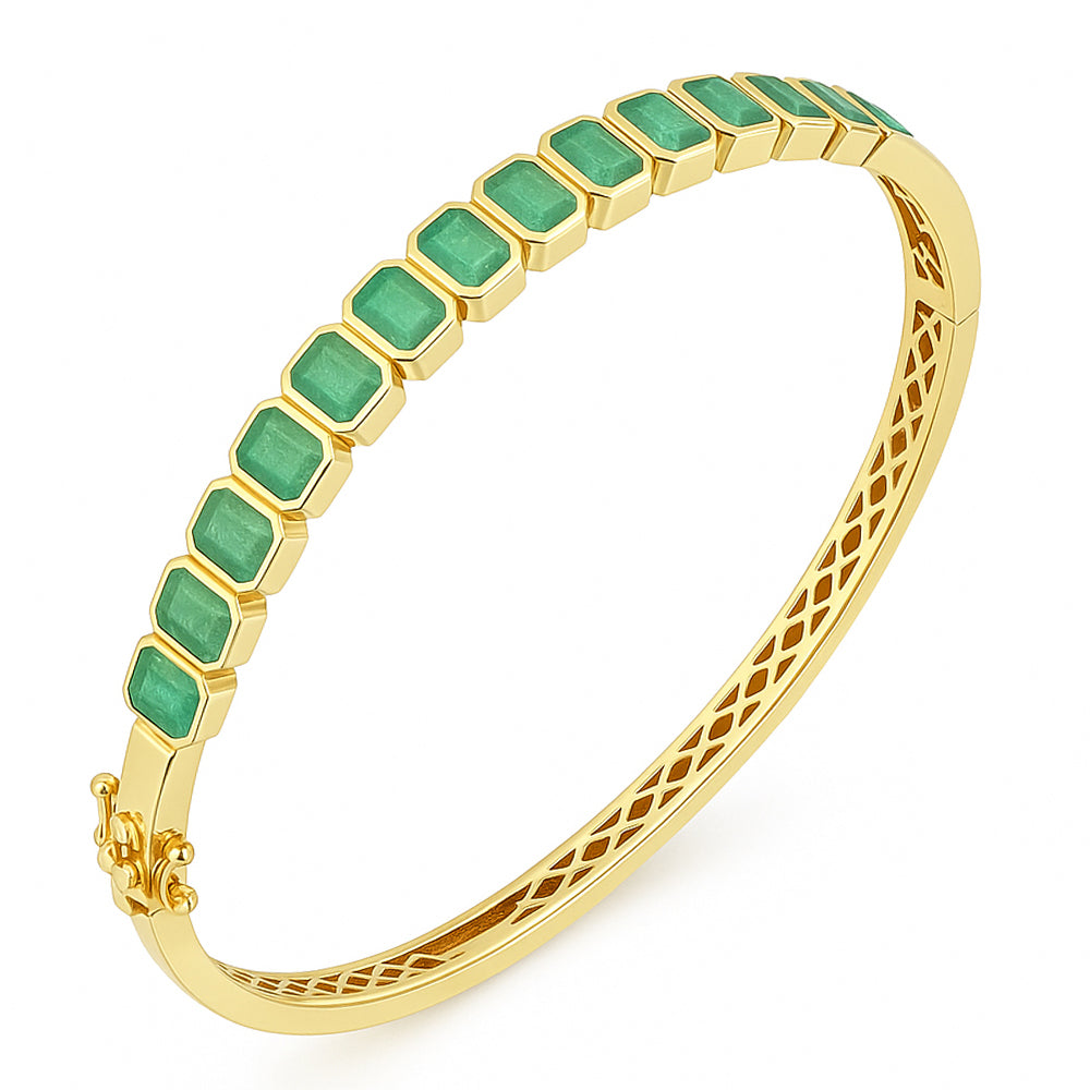 4.28ct 14kt Yellow Gold Emerald Gemstone Bezel Set Bangle Bracelet