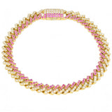 3.92ct G SI 14kt Yellow Gold Diamond & Pink Sapphire Square Cuban Gemstone Bracelet 7" Long