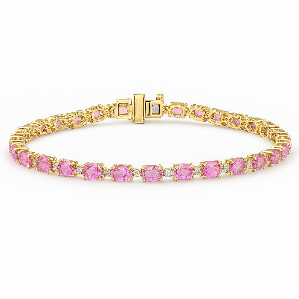 5.80ct G SI 14kt Yellow Gold Diamond & Pink Sapphire Gemstone Tennis Bracelet 7" Long