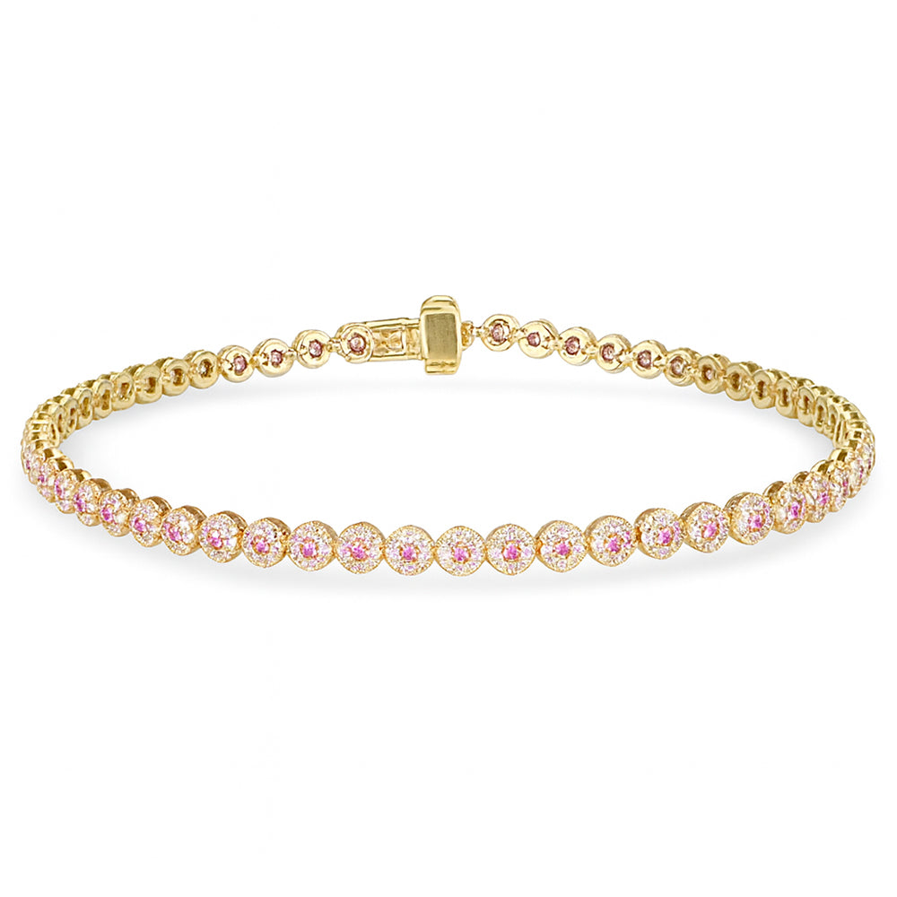 1.55ct G SI 14kt Yellow Gold Diamond & Pink Sapphire Gemstones Tennis Bracelet 7.25" Long