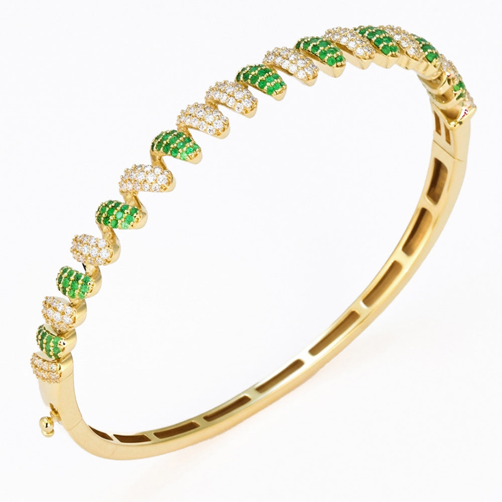 1.21ct G SI 14kt Yellow Gold Diamond & Emerald Spiral Design Bangle Bracelet