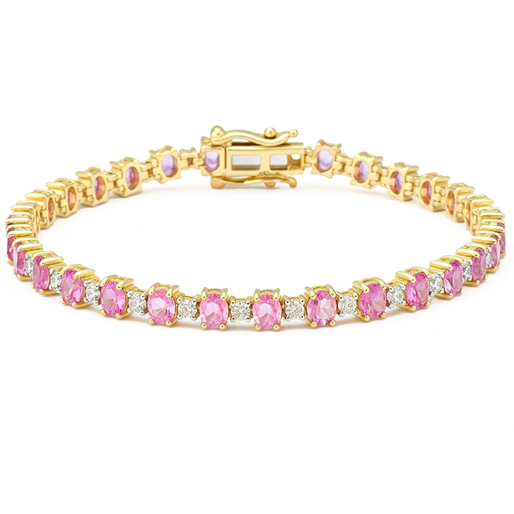 6.85ct G SI 14kt Yellow Gold Diamond & Pink Sapphire Gemstone Bracelet 7" Long