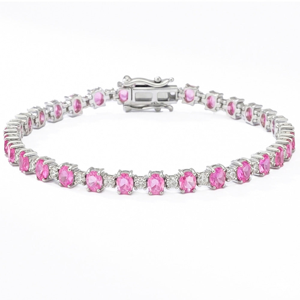 7.13ct G SI 14kt White Gold Diamond & Pink Sapphire Gemstone Bracelet 7" Long
