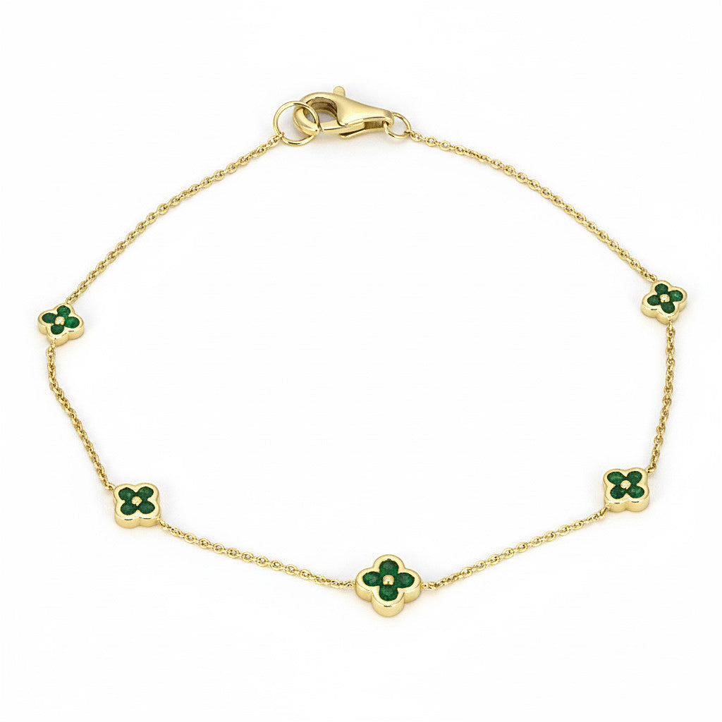 .49ct G SI 14kt Yellow Gold Emerald Gemstone Clover Bracelet 7" Long