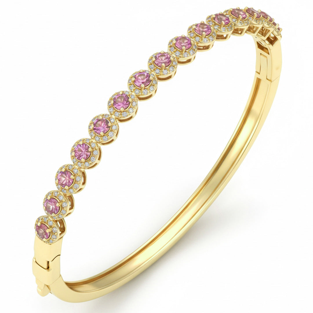 2.20ct G SI 14kt Yellow Gold Diamond & Pink Sapphire Gemstone Bangle Bracelet