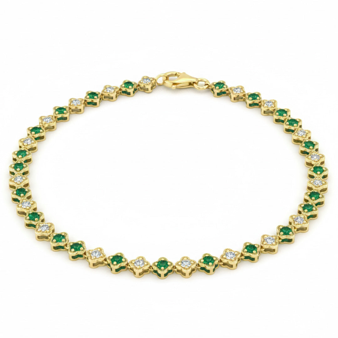 1.35ct G SI 14kt Yellow Gold Diamond & Emerald Gemstone Clover Bracelet 7.25" Long