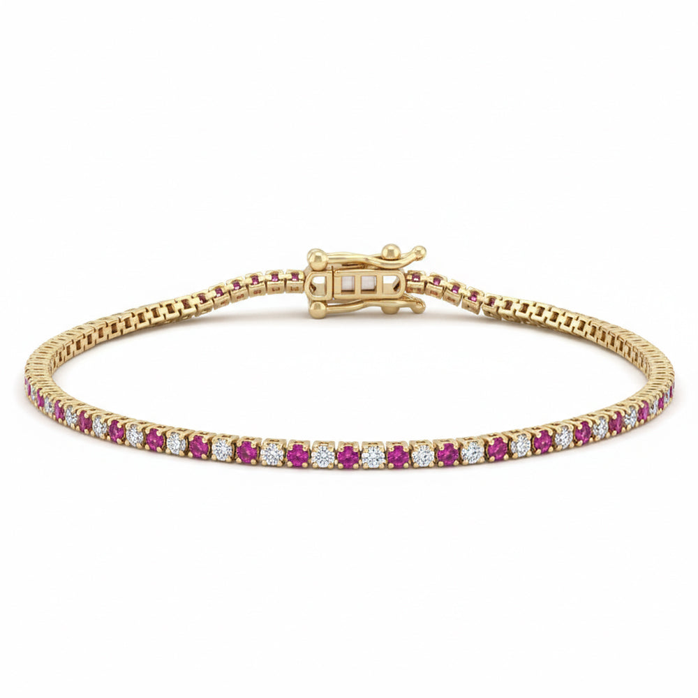 1.84ct G SI 14kt Yellow Gold Diamond & Pink Sapphire Gemstone Tennis Bracelet 7" Long