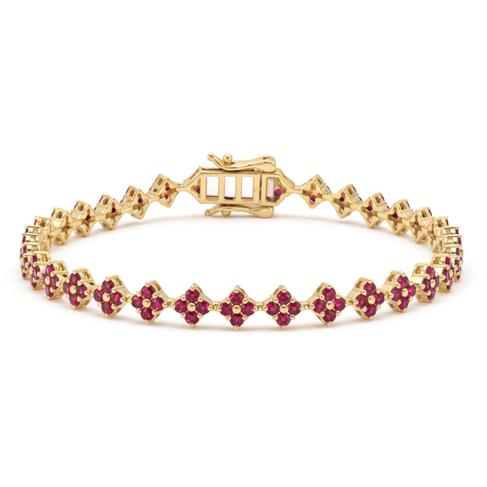 3.36ct G SI 14kt Yellow Gold Ruby Gemstone Clover Bracelet 7" Long