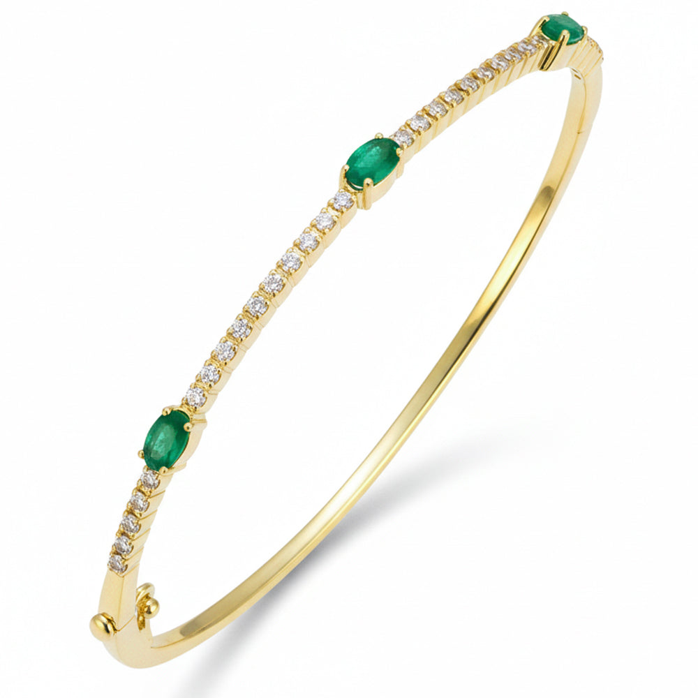 1.07ct G SI 14kt Yellow Gold Diamond & Emerald Gemstone Bangle Bracelet