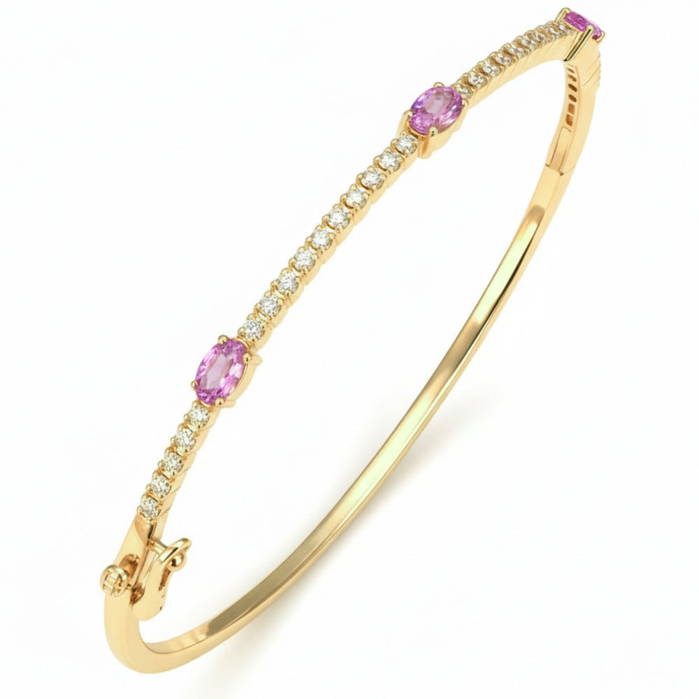 <span style="color:purple">SPECIAL!</span> 1.35ct G SI 14kt Yellow Gold Diamond & Pink Sapphire Gemstone Bangle Bracelet