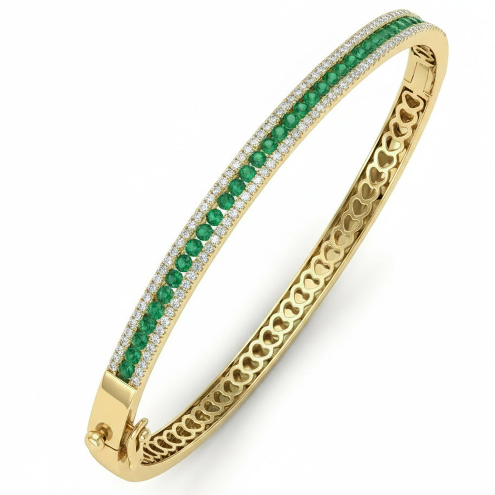 1.42ct G SI 14kt Yellow Gold Diamond & Emerald Gemstone Bangle Bracelet